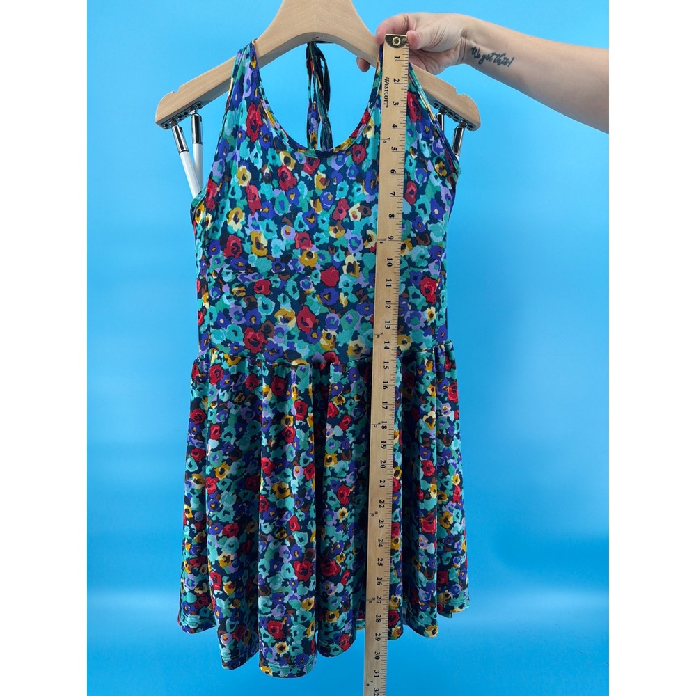 Vintage Style Floral Halter Mini Dress Teal Multicolor Fit and Flare Summer S - Picture 3 of 4